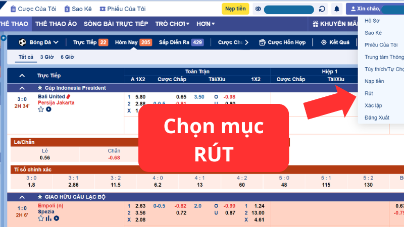 Chọn mục Rút Tiền